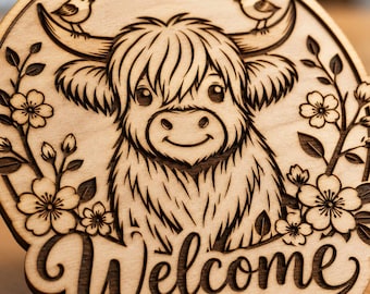 Birds on Horns Blossom Welcome Sign SVG | Highland Cow Spring Wreath Laser File | Round Farmhouse Door Hanger DXF
