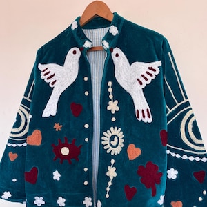 Velvet Suzani Jacket: Hand-Embroidered Birds, Boho Ethnic Women's Wear