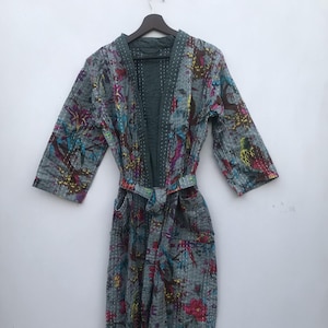 Floral Kantha Quilted Kimono Robe: Handmade Cotton Jacket