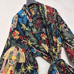 Bloemenprint zwart katoenen gewaad voor vrouwen bruidsmeisje gewaad zomer gewaad Japanse gewaad Indiase kunst met blok gedrukt