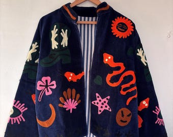 Handgemaakt fluwelen Suzani-geborduurd jack, korte bohojas