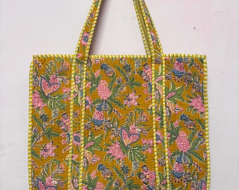 Yellow Floral Print Cotton Tote Bag: Eco-Friendly Jhola Bag