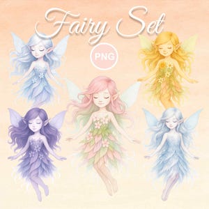 Fairy Clipart PNG Set – Watercolor Pastel Fairies | Transparent Background Fantasy Girls | Woodland Digital Download