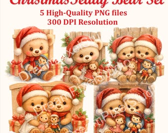 Paquete de imágenes prediseñadas de ositos de peluche navideños, osos navideños en acuarela, diseño para sublimación (descarga digital)