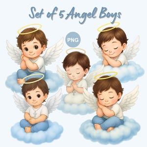 Watercolor Angel Boy Clipart Set: Nursery Art, Baby Shower (Digital Download, 5 PNG Files)