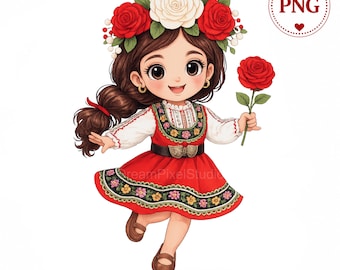 Imágenes prediseñadas de una niña folclórica búlgara: Descarga digital de traje tradicional