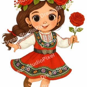 Bulgarian Folk Girl Clipart: Traditional Costume Digital Download