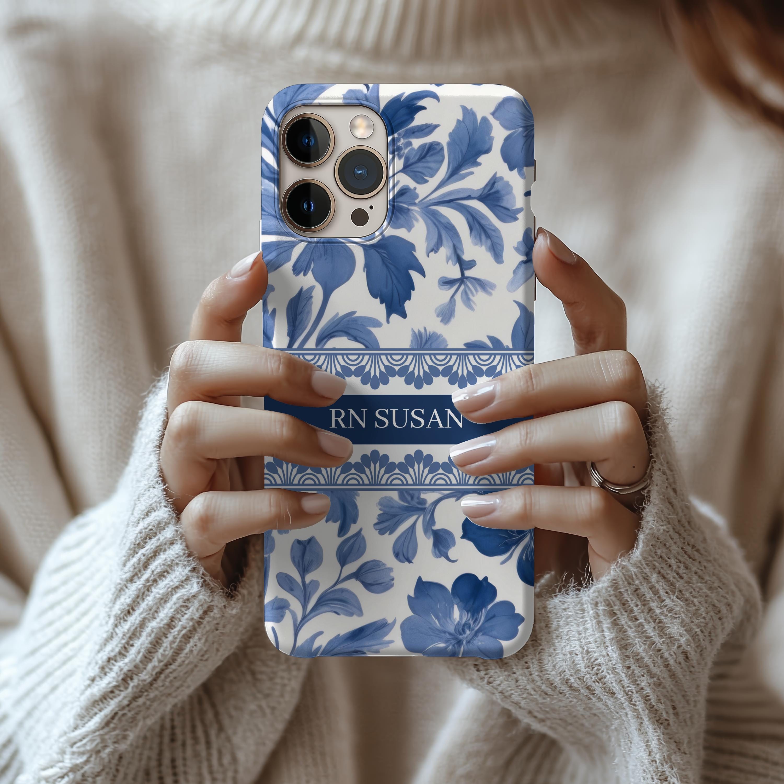 Personalized Nurse Phone Case RN Gift – Blue French Toile Floral Tough Case for Nursing Students, Grad or Coworker Gift Idea, RN Phone Case