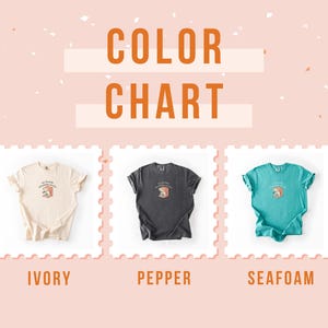 May include: Color chart featuring three t-shirts in ivory, pepper, and seafoam. Each shirt has a graphic design and is displayed on a pink background with orange text that reads "COLOR CHART". The shirts are in individual white frames.
