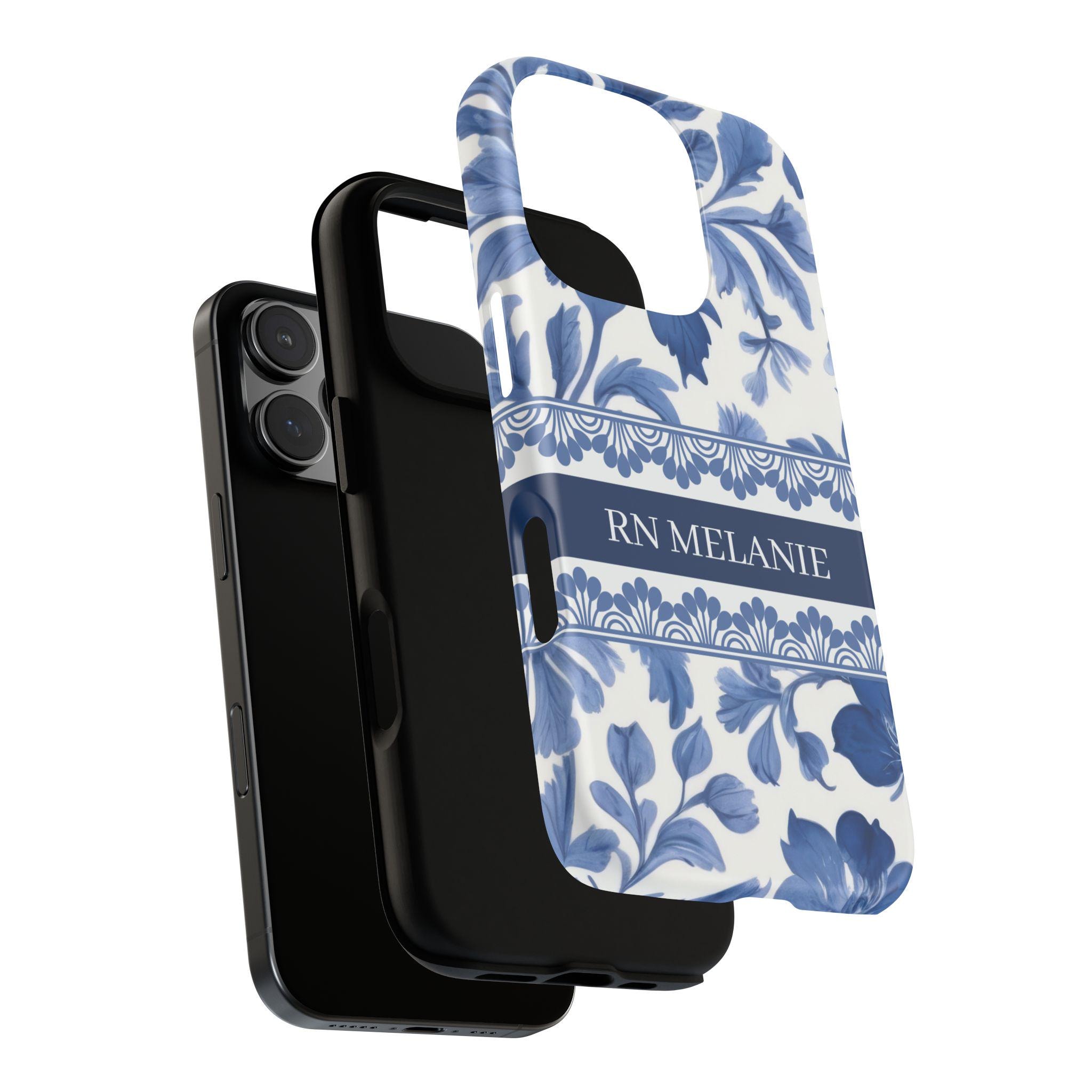Personalized Nurse Phone Case RN Gift – Blue French Toile Floral Tough Case for Nursing Students, Grad or Coworker Gift Idea, RN Phone Case