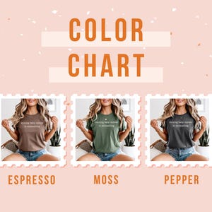 May include: A colour chart displaying three t-shirts in Espresso, Moss, and Pepper. Each shirt has the text "raising baby nurses is exhausting". The background is a light pink with orange text that says "COLOR CHART".
