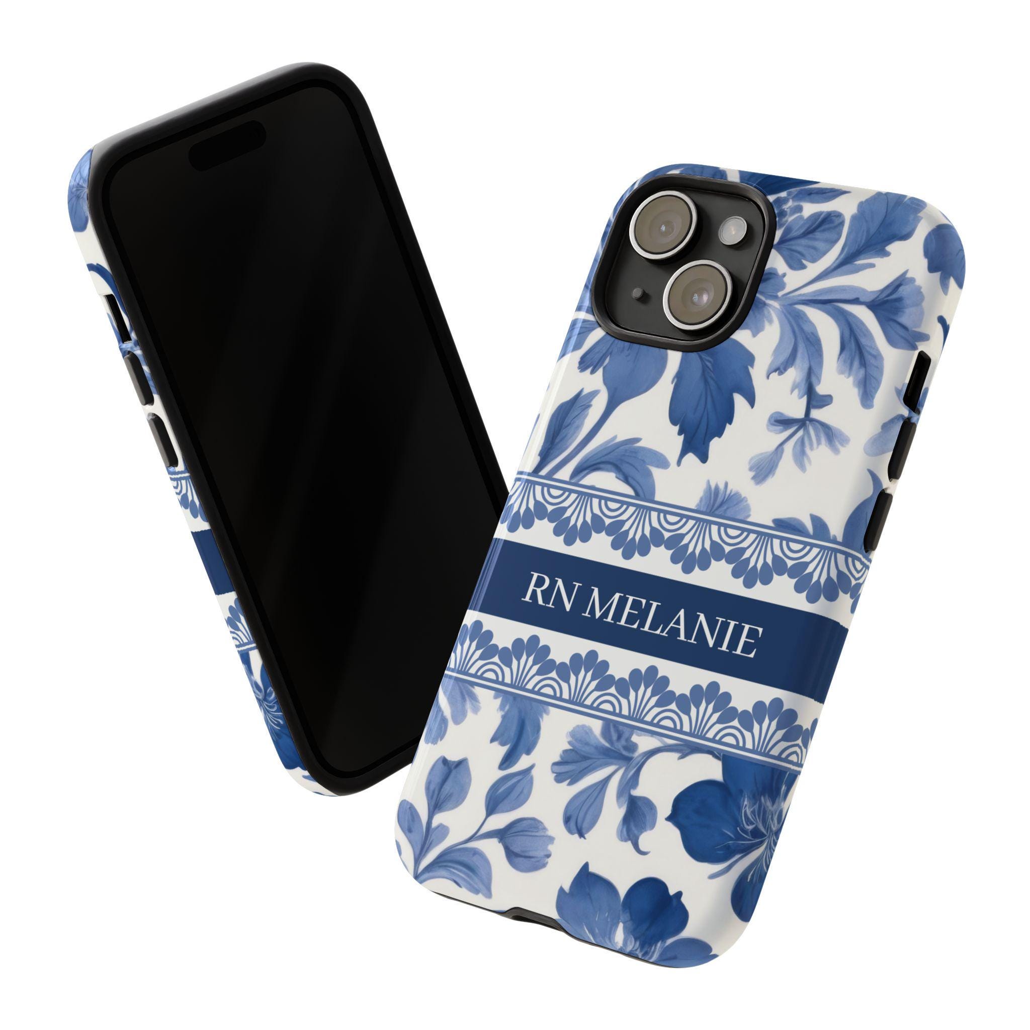 Personalized Nurse Phone Case RN Gift – Blue French Toile Floral Tough Case for Nursing Students, Grad or Coworker Gift Idea, RN Phone Case