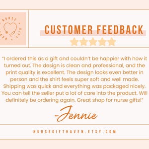 May include: A light peach-colored graphic with the text "CUSTOMER FEEDBACK" and four gold stars. A customer review praises the product's design and quality. The shop's name and Etsy URL are at the bottom.