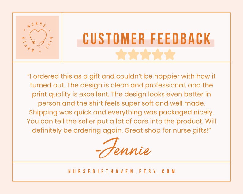 May include: A light peach-colored graphic with the text "CUSTOMER FEEDBACK" and four gold stars. A customer review praises the product's design and quality. The shop's name and Etsy URL are at the bottom.