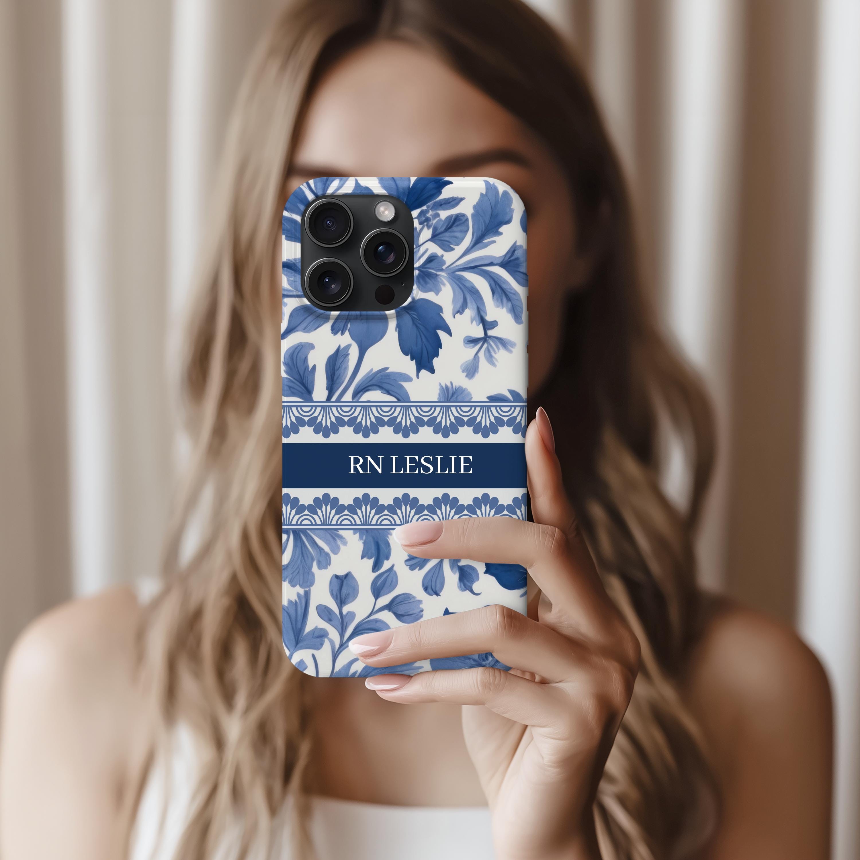 Personalized Nurse Phone Case RN Gift – Blue French Toile Floral Tough Case for Nursing Students, Grad or Coworker Gift Idea, RN Phone Case