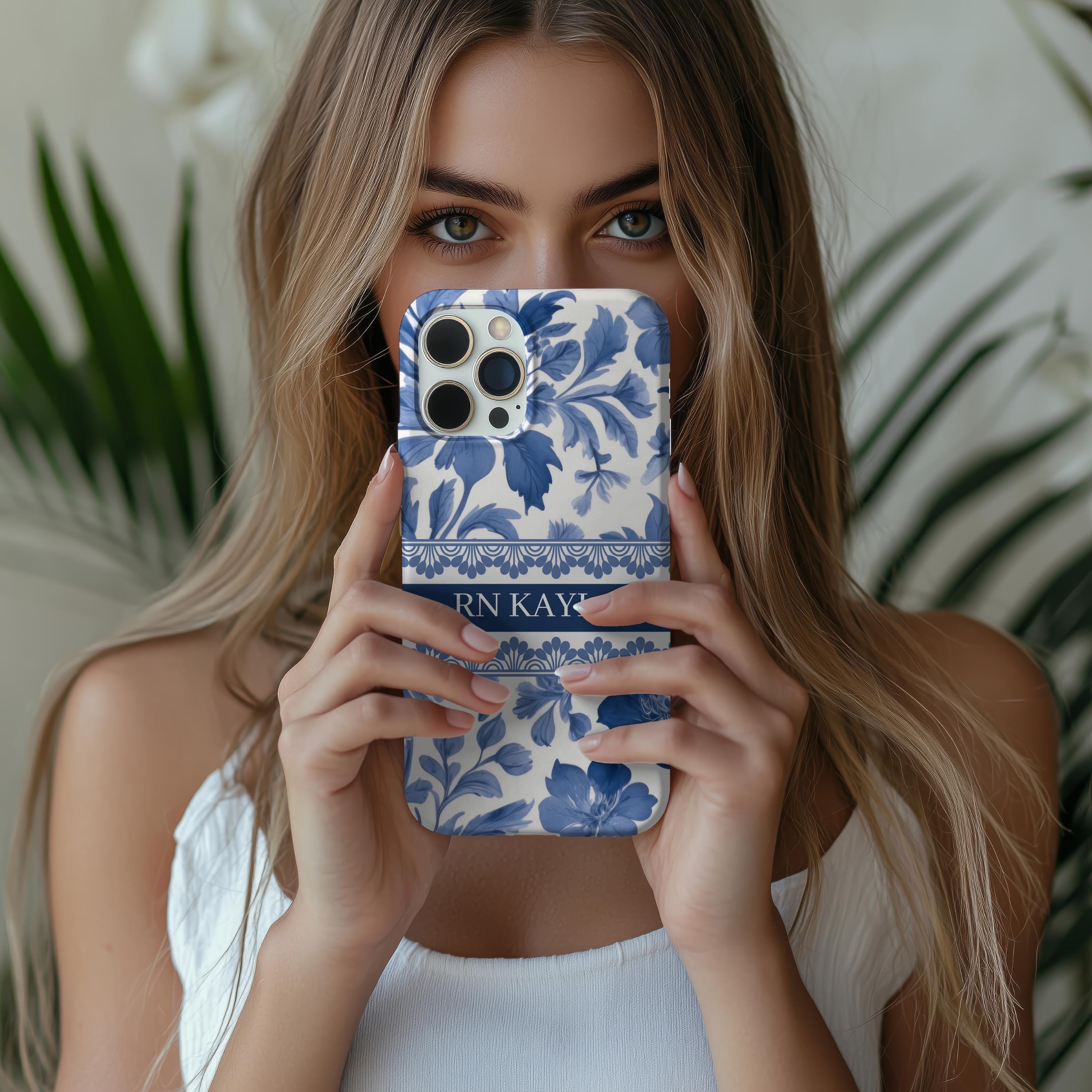 Personalized Nurse Phone Case RN Gift – Blue French Toile Floral Tough Case for Nursing Students, Grad or Coworker Gift Idea, RN Phone Case