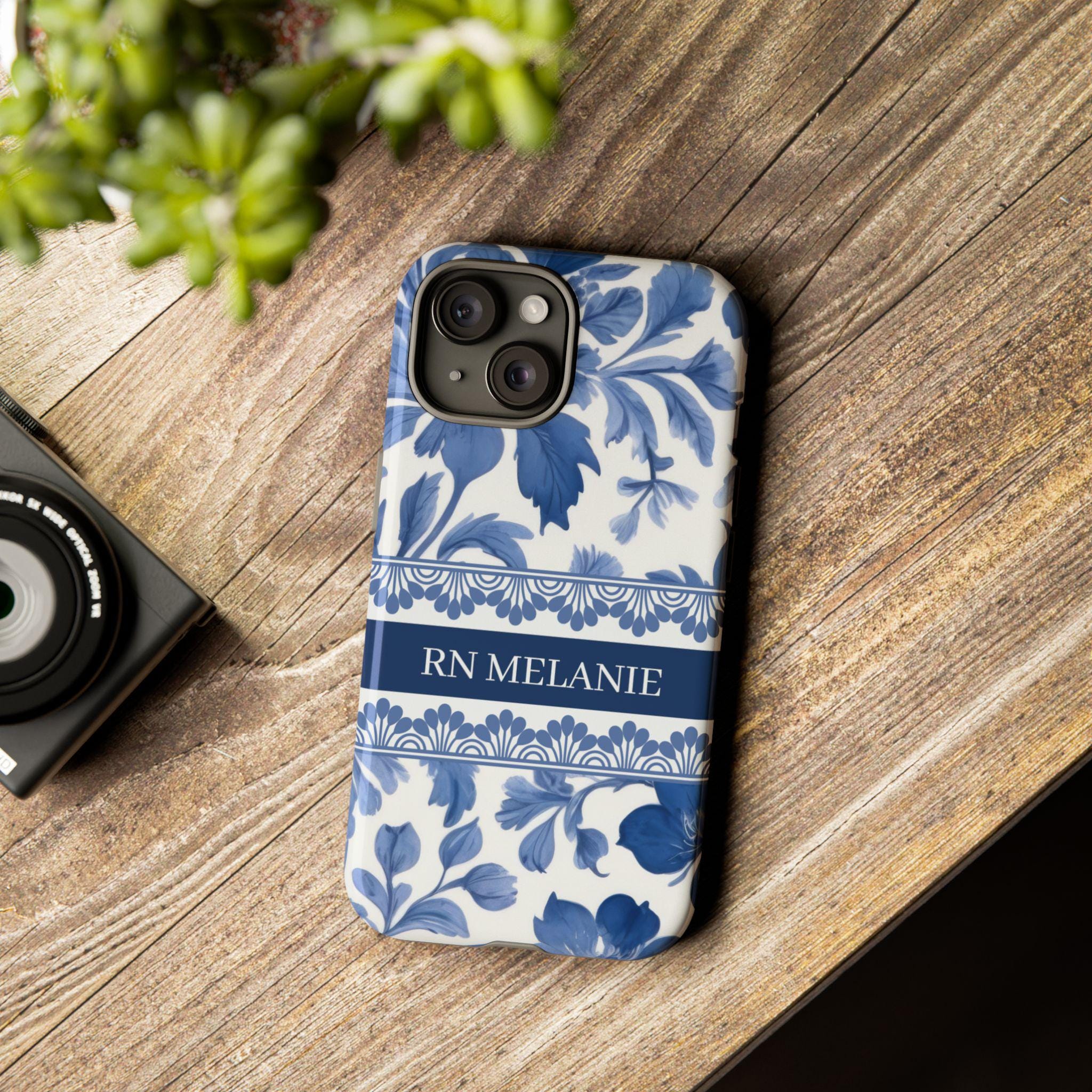 Personalized Nurse Phone Case RN Gift – Blue French Toile Floral Tough Case for Nursing Students, Grad or Coworker Gift Idea, RN Phone Case