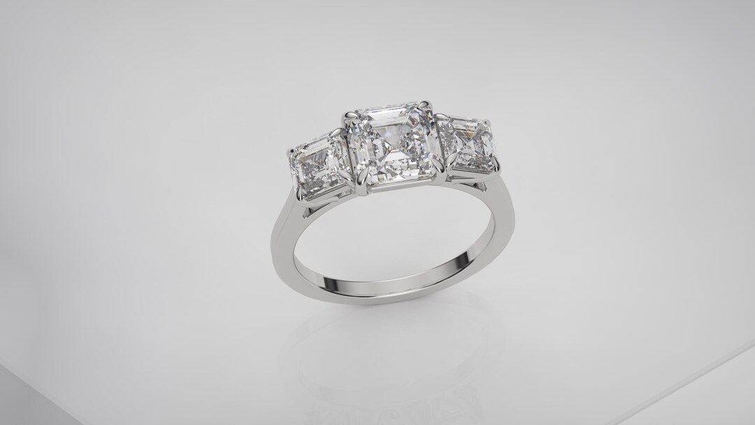 Asscher Cut Lab Diamond Engagement Ring | Three Stone, Yellow Gold - Etsy