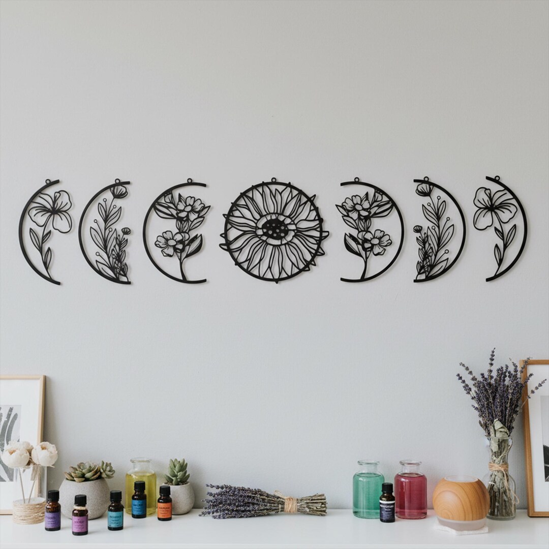 Floral Moon Phase Metal Wall Art, Indoor/outdoor Wall Decor, 7-piece ...