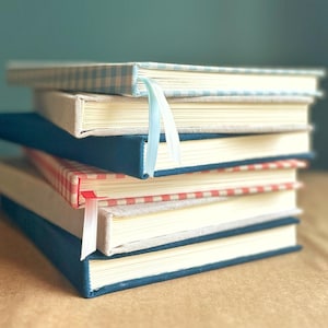 Può includere: Una pila di diari con copertina rigida con varie copertine decorate. I diari hanno copertine a quadretti blu, bianchi e rossi e blu navy tinta unita. Ogni diario ha un segnalibro a nastro in un colore coordinato.