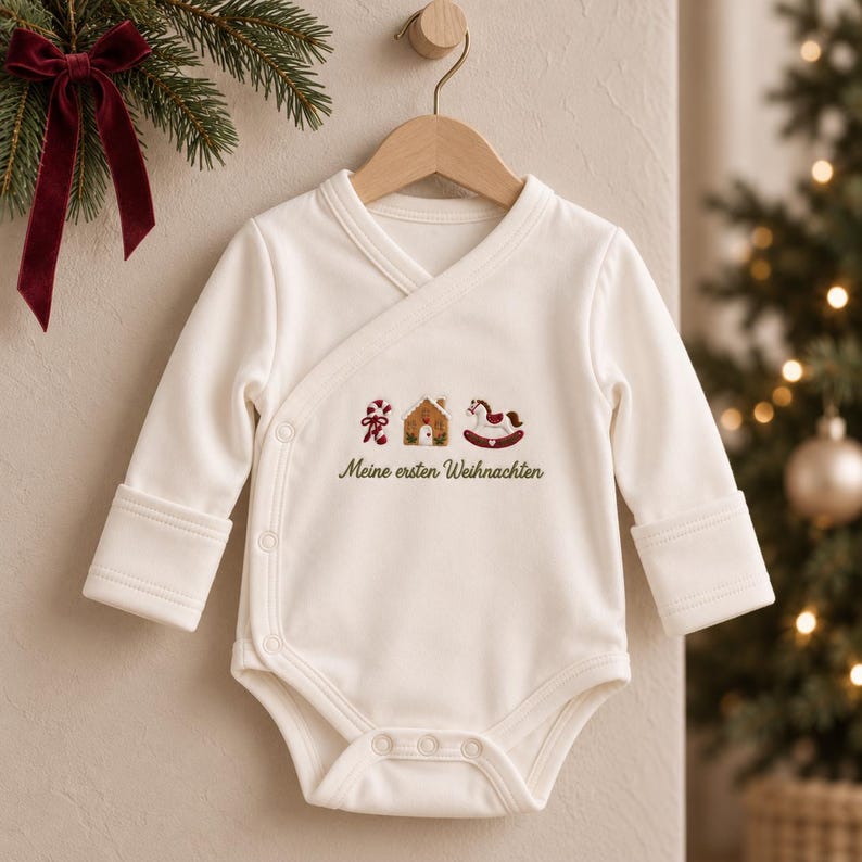 Baby's First Christmas Body, Embroidered Gingerbread, Candy Cane, Rocking Horse (Organic Cotton) image 3