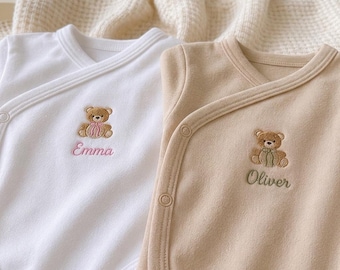 Custom Embroidered Organic Cotton Baby Bodysuit, Personalized Name, Teddy Bear Design