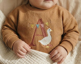 Personalized Goose Baby Romper, Embroidered Initial, Organic Cotton