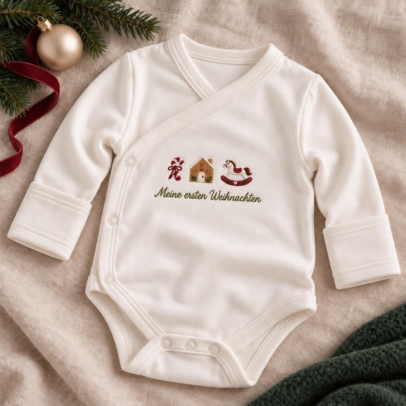 Baby's First Christmas Body, Embroidered Gingerbread, Candy Cane, Rocking Horse (Organic Cotton) image 1