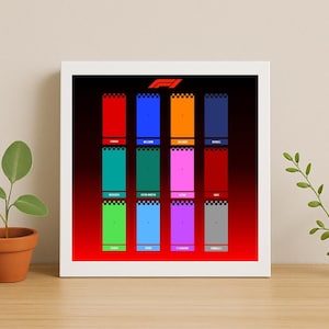 Mini F1 Car Display - SQUARE 35cm x 35cm Digital Print (Red + Black Background) - Frame and cars not included