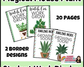 May include: A digital student work display set titled Magical Mouse Plant featuring 20 pages and 2 border designs. The pages include illustrations of potted plants with mouse-shaped icons and text reading Watch Our Work Grow or Amazing Work Growing Soon.