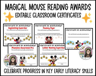 May include: A collection of editable classroom certificates featuring Mickey Mouse. The certificates are designed to celebrate progress in early literacy skills, with titles like "Segmenting Superstar" and "Fluency Flyer". The certificates have a white background with black text and colorful illustrations.