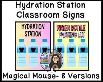 May include: Classroom signs with the text "Hydration Station" and "Water Bottle Parking Lot". Each sign features illustrations of water bottles with Mickey Mouse silhouettes. The signs are designed by Magical Mouse.