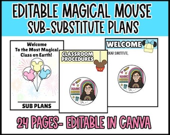 May include: A digital product with the text "EDITABLE MAGICAL MOUSE SUB-SUBSTITUTE PLANS". The image features three pages with the text "Welcome", "Classroom Procedures", and "Welcome Dear Substitute". The product is "24 PAGES- EDITABLE IN CANVA".