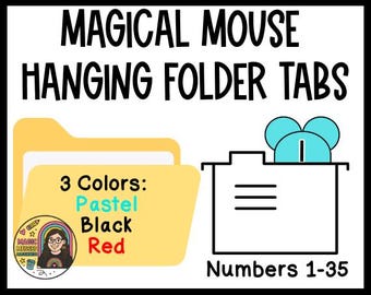 May include: Image of Magical Mouse Hanging Folder Tabs. The image shows a yellow folder with the text "3 Colors: Pastel, Black, Red". A cartoon mouse head is on top of a file cabinet. The text "Numbers 1-35" is below the file cabinet.