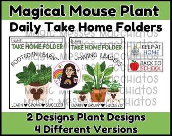 May include: Two printable folder covers titled Magical Mouse Plant Daily Take Home Folders. Each features a plant in a pot with a mouse-ear icon, the text Rooted in Learning or Growing Leaders, and the phrase Learn Grow Succeed with mouse icons.