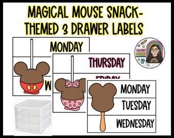 May include: A set of three drawer labels with a magical mouse snack theme. The labels include the days of the week and cartoon illustrations of mouse-shaped treats. A clear plastic three-drawer storage unit is also visible.