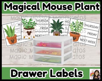 May include: A white plastic three-drawer storage unit positioned in front of four rectangular labels featuring illustrations of potted plants and the text Magical Mouse Plant and Drawer Labels with days of the week listed on the labels.