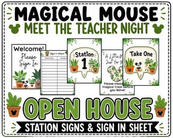 May include: A set of printable classroom signs and a sign-in sheet featuring green plant illustrations and mouse-ear motifs. The text includes Magical Mouse Meet The Teacher Night, Open House, Station 1, Take One, and Please Sign In.