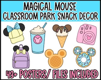 May include: A digital graphic with the text "MAGICAL MOUSE CLASSROOM PARK SNACK DECOR" and "43+ POSTERS/ FILES INCLUDED". The image features cartoon illustrations of a backpack, hat, drink, ice cream cone, camera, waffle, and donut.