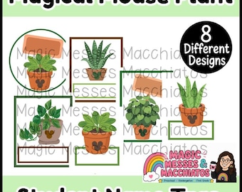 May include: A digital graphic featuring the text Magical Mouse Plant and Student Name Tags, showcasing 8 different designs of potted plants in terracotta-colored pots with mouse-ear icons, arranged with rectangular frames and a black circle.