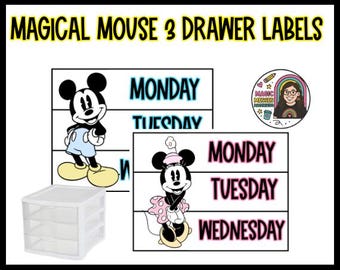 May include: White three-drawer storage unit with labels featuring Mickey and Minnie Mouse. The labels display days of the week: Monday, Tuesday, and Wednesday. The text "MAGICAL MOUSE 3 DRAWER LABELS" is at the top.