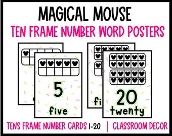May include: A set of number word posters with a magical mouse theme. The posters feature numbers 5 and 20, with the word form and ten frames. The background has a confetti design. The text reads "MAGICAL MOUSE TEN FRAME NUMBER WORD POSTERS".