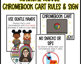 May include: A sign with the text "MAGICAL MOUSE CHROMEBOOK CART RULES & SIGN". The sign includes illustrations and text about Chromebook care, such as "USE GENTLE HANDS" and "NO SNACKS OR SIPS".