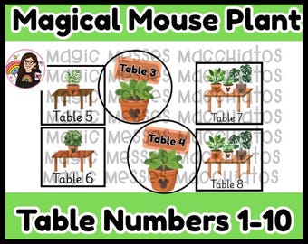 May include: A digital graphic titled Magical Mouse Plant Table Numbers 1-10 featuring illustrations of potted plants on wooden tables. Each table is labeled with a number, including Table 3, 4, 5, 6, 7, and 8, with some pots displaying a mouse-ear silhouette.
