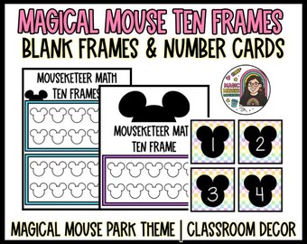 May include: A collection of educational materials with a "Magical Mouse" theme. Includes ten frames, number cards, and blank frames. The design features a mouse silhouette and the text "Magical Mouse Park Theme | Classroom Decor."