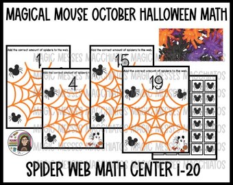 May include: A Halloween-themed educational resource featuring spider web math center activities. The image displays cards with spider webs, numbers, and spider illustrations. Text includes "Magical Mouse October Halloween Math" and "Spider Web Math Center 1-20."