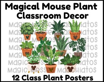 May include: A set of 12 digital posters titled Magical Mouse Plant Classroom Decor featuring various green potted plants. Each terracotta or white pot displays a dark brown mouse-ear silhouette icon. The plants include leafy, spiky, and trailing varieties arranged in a grid against a white background with a repeating watermark.