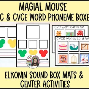 May include: Educational materials featuring the text "MAGIAL MOUSE CVC & CVCE WORD PHONEME BOXES." The image includes Elkonin sound box mats and center activities with colorful graphics and the text "ELKONIN SOUND BOX MATS & CENTER ACTIVITIES."