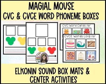 May include: Educational materials featuring the text "MAGIAL MOUSE CVC & CVCE WORD PHONEME BOXES." The image includes Elkonin sound box mats and center activities with colorful graphics and the text "ELKONIN SOUND BOX MATS & CENTER ACTIVITIES."