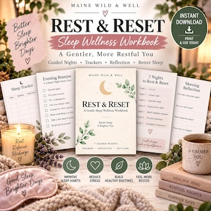May include: A Rest & Reset sleep wellness workbook with pages featuring evening routines, sleep trackers, and morning reflections. The set includes a candle, a sleep mask, and books labelled Healthy Mind, Restful Nights, and Happier Days.
